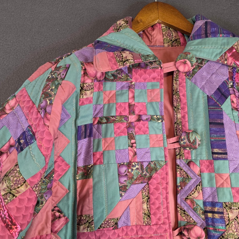 Handmade Quilted Patchwork Jacket Womens XL Pink Purple Teal Wearable Art Boho - Picture 3 of 12